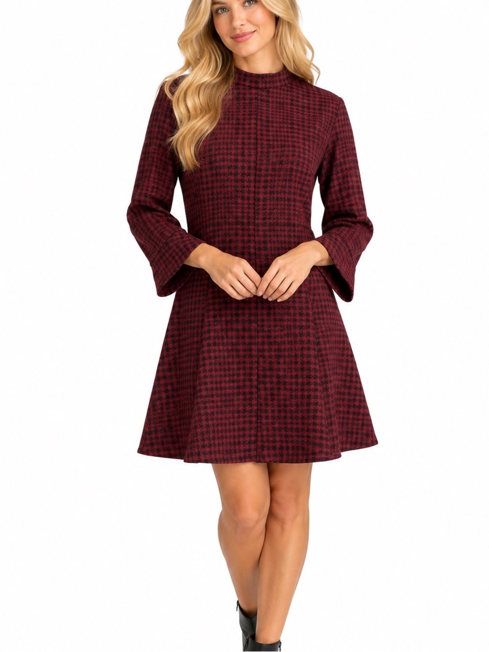 Zara Plaid Long Sleeve Mock Neck Dress Red Black Small